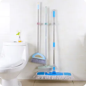 Self adhesive no-drill wall mounted mop and broom holder organizer for bathroom cleaning tools