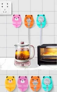 Bear-shaped adhesive wall hooks for organizing kitchen appliance power plugs and cords