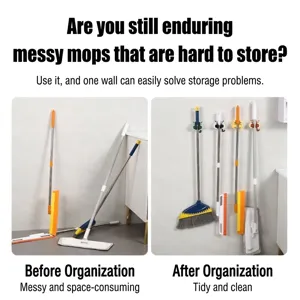 Wall-mounted horn-shaped mop and broom holder for organized bathroom storage solutions