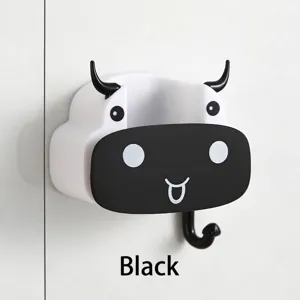 Wall-mounted cartoon cow head mop holder hook in black and white design