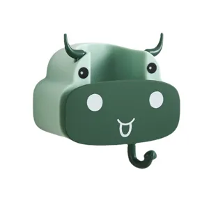 Bull-shaped wall mounted mop holder with hook for bathroom organization