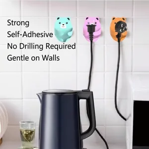 Cute cartoon bear self-adhesive wall hooks for organizing electrical plugs and cables