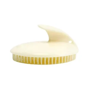 Professional cream white scalp massage brush with ergonomic handle for hair care