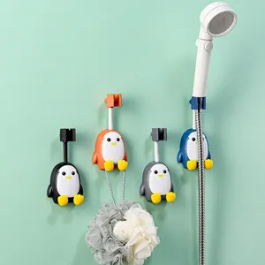 Cute Penguin Cartoon Shower Head Holder Adjustable Angle Drill Free Waterproof Bathroom Wall Mount Sprayer Bracket With Hook