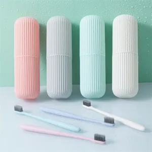 Portable Travel Wash Cup Striped PP Toothbrush Storage Box Capsule Toothbrush Holder With Hand Strap For Outdoor Trip Bathroom