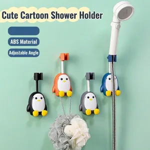 Cartoon penguin shower head holder with punch-free design and adjustable universal mount base