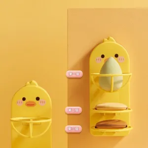 Wall-mounted duck-shaped 3-layer beauty blender and powder puff storage organizer rack