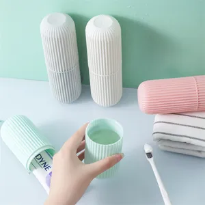Portable striped travel toiletry cup set for toothbrush and toothpaste