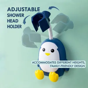 Adjustable cartoon penguin shower head holder with universal flexible arm and hook