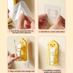 Wall-mounted yellow duck makeup sponge holder with easy four-step adhesive installation