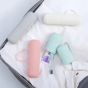 Portable travel toothbrush holder cup set with ribbed texture for suitcase storage