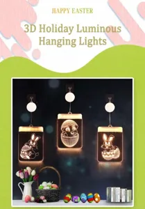 Detailoverzicht van drie 3D LED Pasen hanglampen met gloeiende haas- en eipatronen