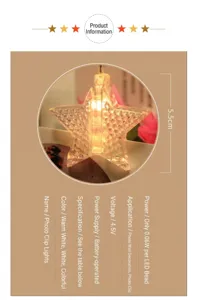 Gros plan d'une pince photo LED en forme d'étoile de 5,5 cm avec lueur chaleureuse