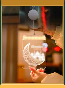 Primer plano de lámpara LED 3D de Ramadán con diseño de luna y mezquita