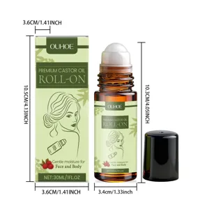 Vista detallada de las dimensiones del frasco roll-on de aceite de ricino OUHOE de 30 ml