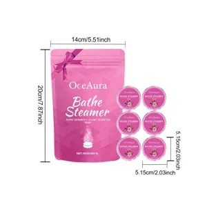 Detailed size measurements of OCEAURA rose scented bath steamers and packaging bag