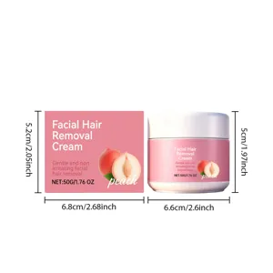 Produktabmessungen für 50g Pfirsich-Gesichtshaarentfernungscreme-Box und Tiegel in cm und Zoll