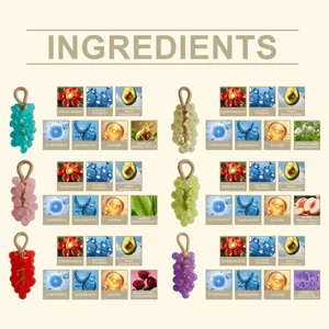 Lista detallada de ingredientes para diversos juegos de regalo de jabón artesanal con forma de uva.