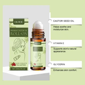 Detalles de ingredientes del roll-on de aceite de ricino OUHOE con vitamina E y glicerina.