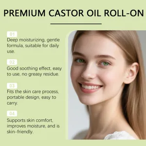 Detalle que muestra beneficios del roll-on de aceite de ricino para hidratación profunda