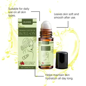 Primer plano del frasco roll-on de aceite de ricino premium y su envase detallado