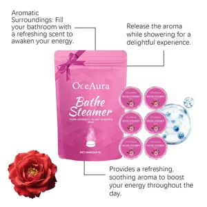Rose-scented shower steamers detail showing packaging and individual aromatherapy tablets.