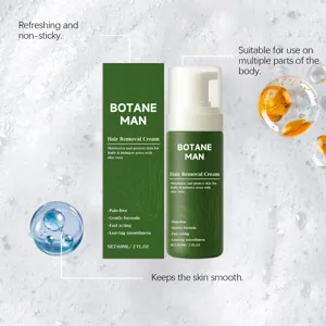 Nahaufnahme der Botane Man Haarentfernungscreme mit Aloe Vera auf Schaumgrund