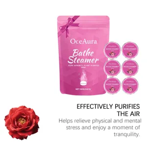 Detail of rose scented bath steamers with pink packaging for stress relief and relaxation