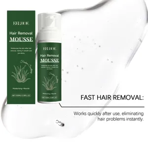 Gentle hair removal mousse and packaging set with a fresh clear gel splash background