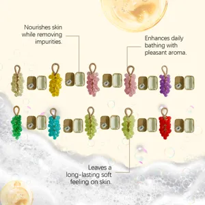 Detailed showcase of grape-shaped soaps in multiple colors with rustic gift packaging