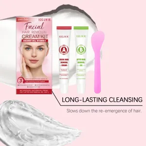 Détails du kit d'épilation faciale EELHOE avec crème, gel apaisant et une spatule.