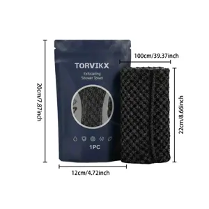 Detailed dimensions of exfoliating shower towel with 100cm length and packaging bag