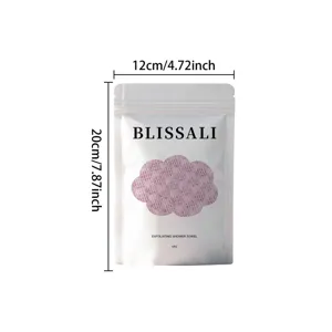 Detail of exfoliating shower towel packaging showing 12x20cm dimensions