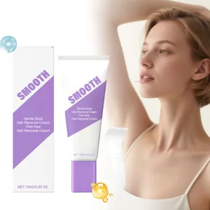 Professional gentle body hair removal cream with smoothing applicator tool and model demonstration
