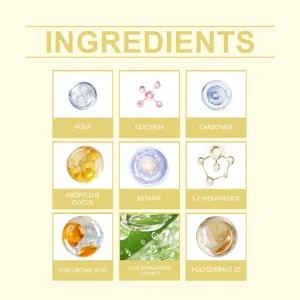 Detalle de ingredientes para la piel: ácido hialurónico, glicerina y extracto de aloe vera.