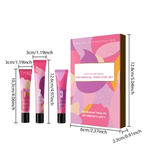 Facial hair removal trilogy kit with three cream tubes and detailed product box dimensions