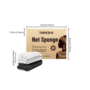 Detailed view of TORVIKX exfoliating net sponge set with product and box dimensions