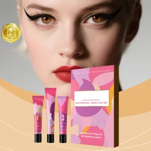 Close-up of professional three-step facial hair removal set with cream, gel, and lotion