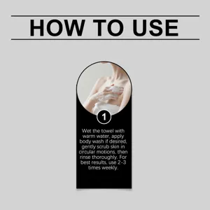 Illustrated guide showing the step-by-step process of using the exfoliating bath towel.
