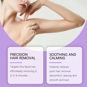 Gentle hair removal cream detail showing soothing benefits and smooth skin results.