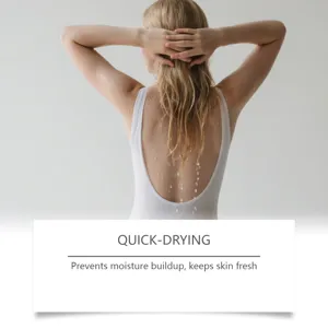 Woman after bath with water droplets, highlighting quick-drying body towel effect