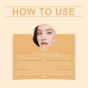 Detailed step-by-step usage instructions for facial hair removal cream and soothing gel