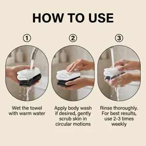 Step-by-step instructions for using the exfoliating bath towel with water and soap
