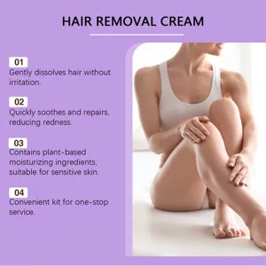 Detail view of gentle hair removal cream benefits with model showcasing smooth legs