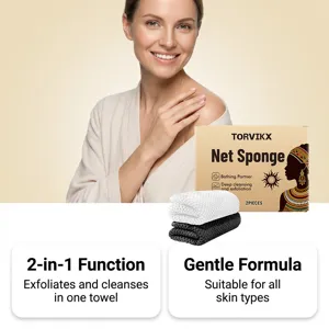 Close-up of TORVIKX exfoliating net sponge set with black and white texture details