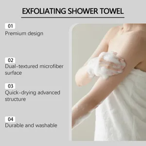 Person using exfoliating microfiber shower towel with rich soap lather on skin