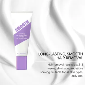 Close-up of gentle hair removal cream tube showing smooth and long-lasting results detail