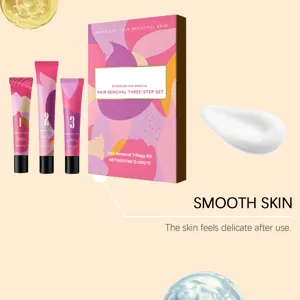 Detail view of the 3-step facial hair removal kit including cream and gel texture samples.