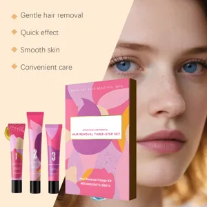 Detailed view of the 3-step facial hair removal kit including gel, cream and lotion.