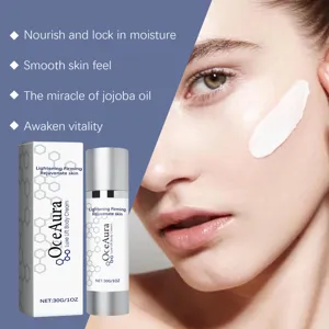 Macro detail of OCEAURA body cream texture on face with nourishing jojoba oil benefits.